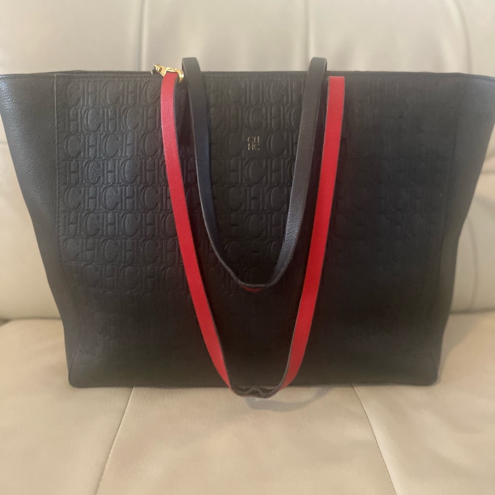 Authentic Carolina Herrera Black embossed logo XL Tote with Red Straps